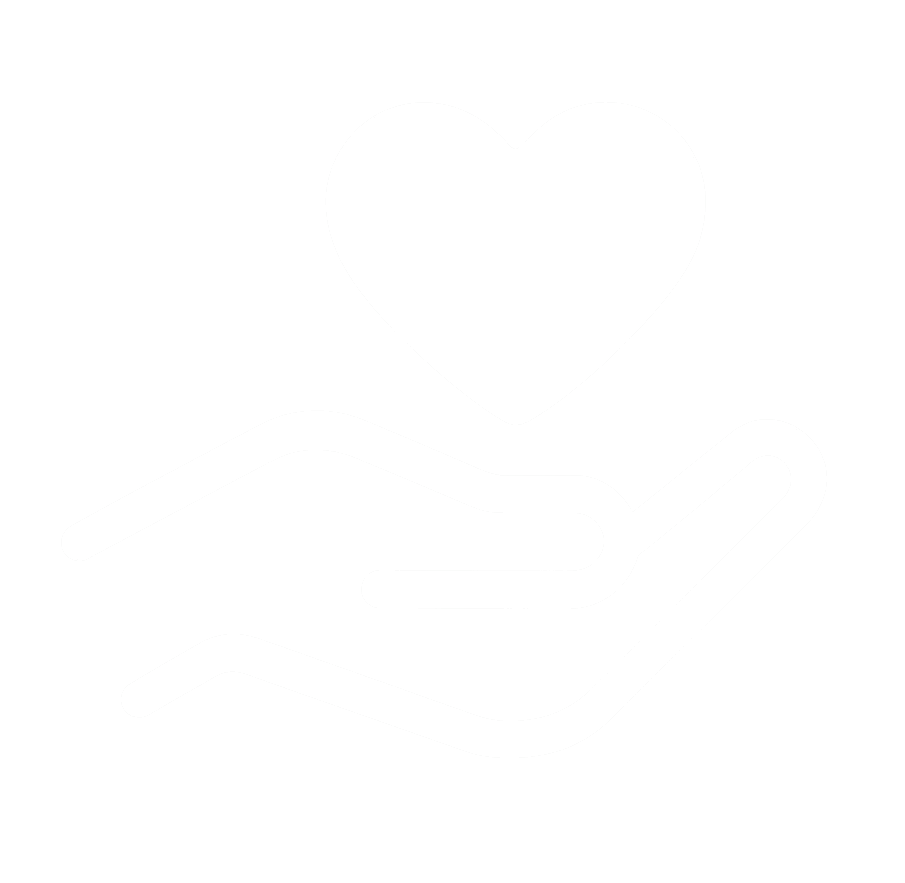 Hand holding a heart icon, symbolizing care and human-first support.