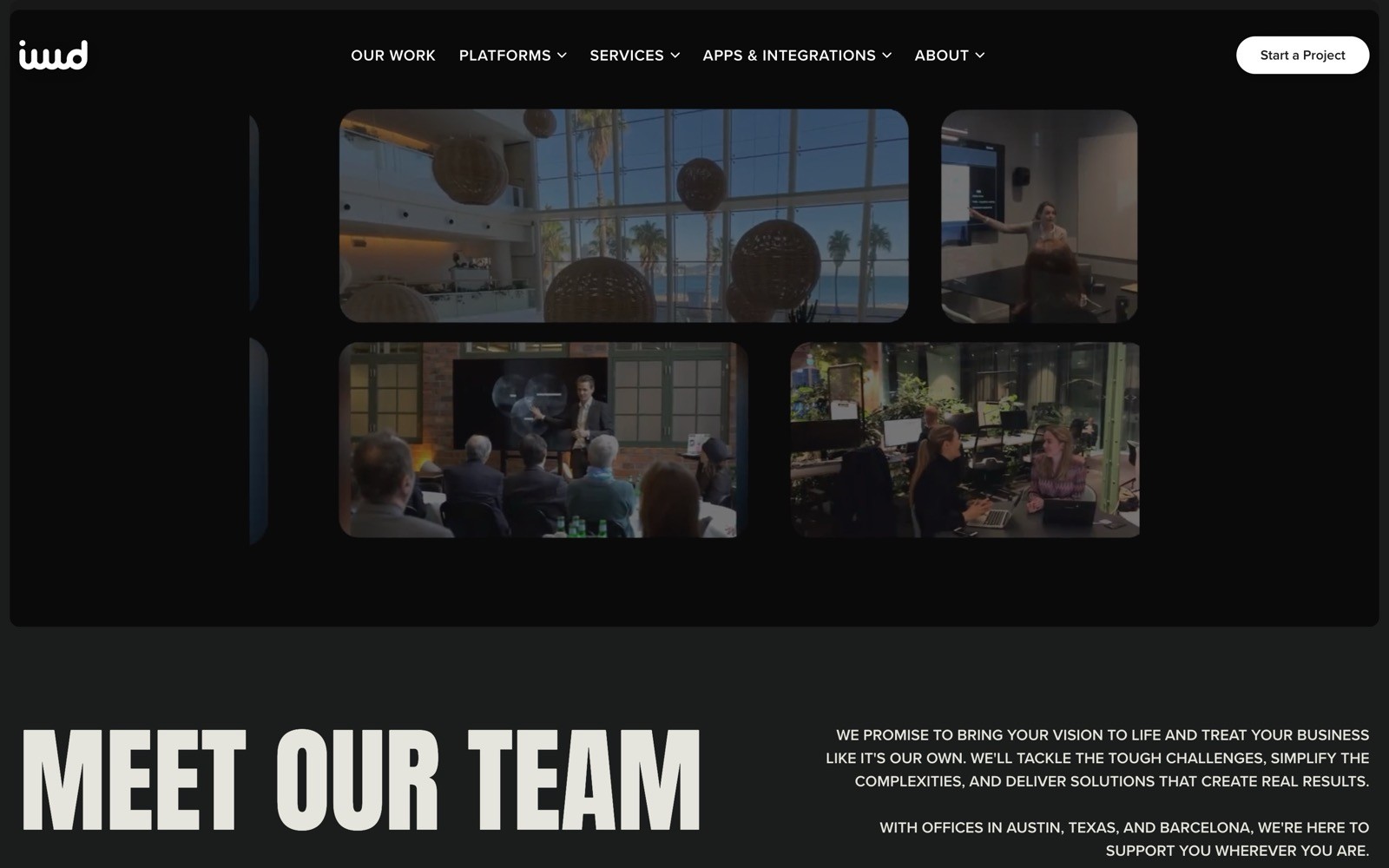 Modern office scenes with people; text reads, "MEET OUR TEAM." Office views show palm trees; bold typography.