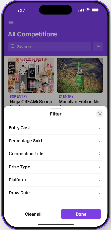 PrizeScanner all competitions screen