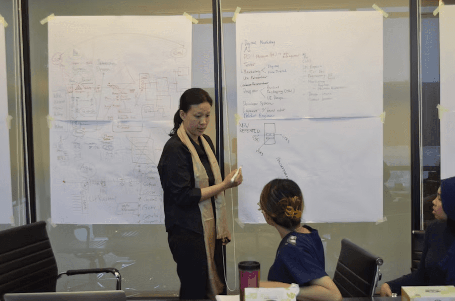 Team members in an office setting having a discussion, representing clear communication throughout the project process.