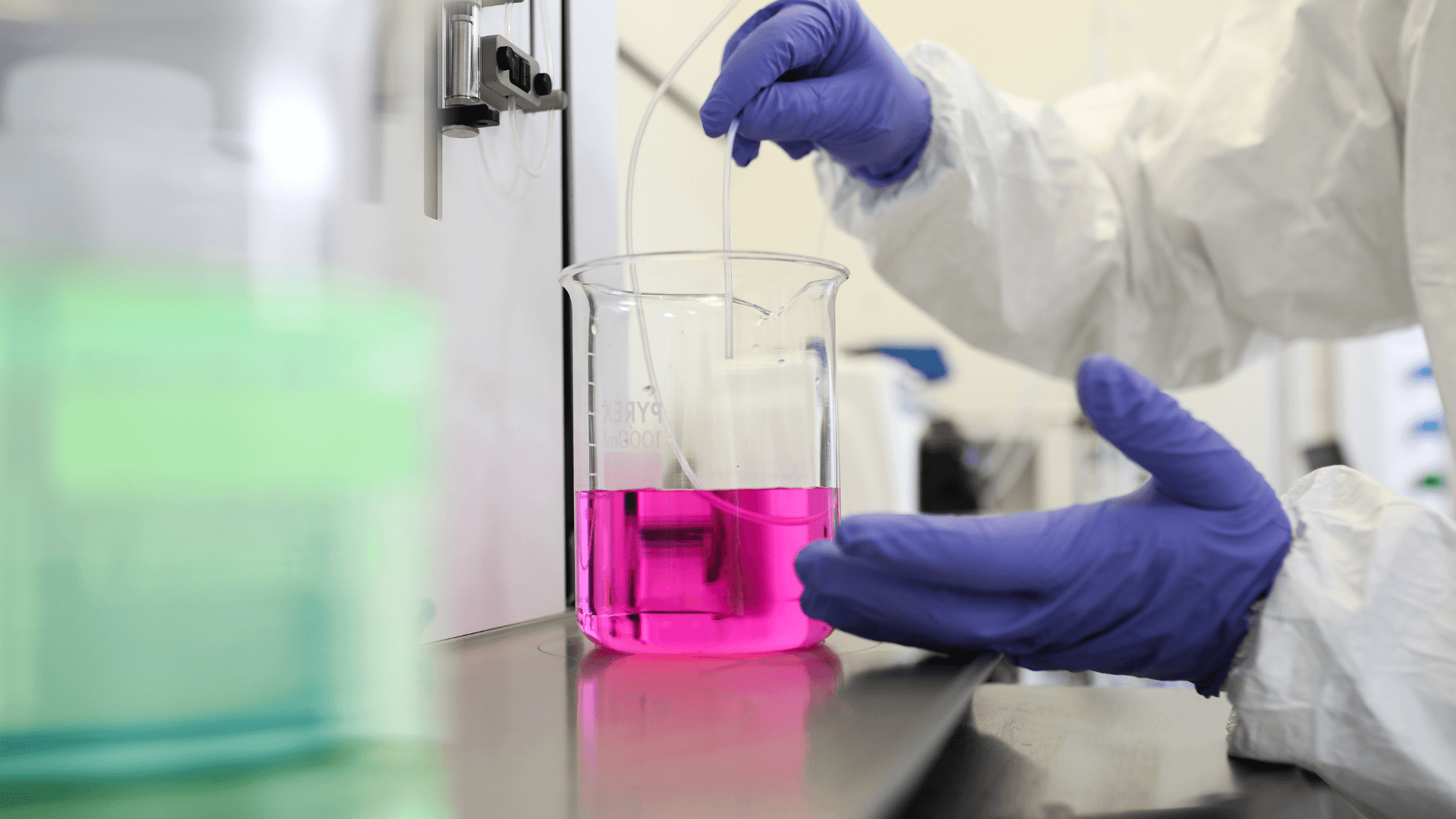 Pink liquid in a beaker.