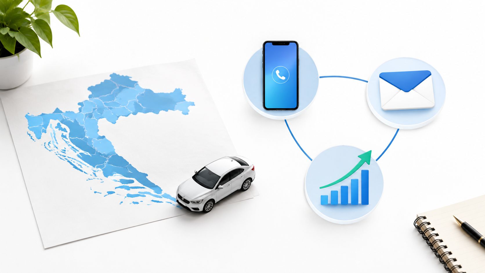 Conceptual business representation with a map of Croatia, a model car, smartphone, email icon, and growth graph.