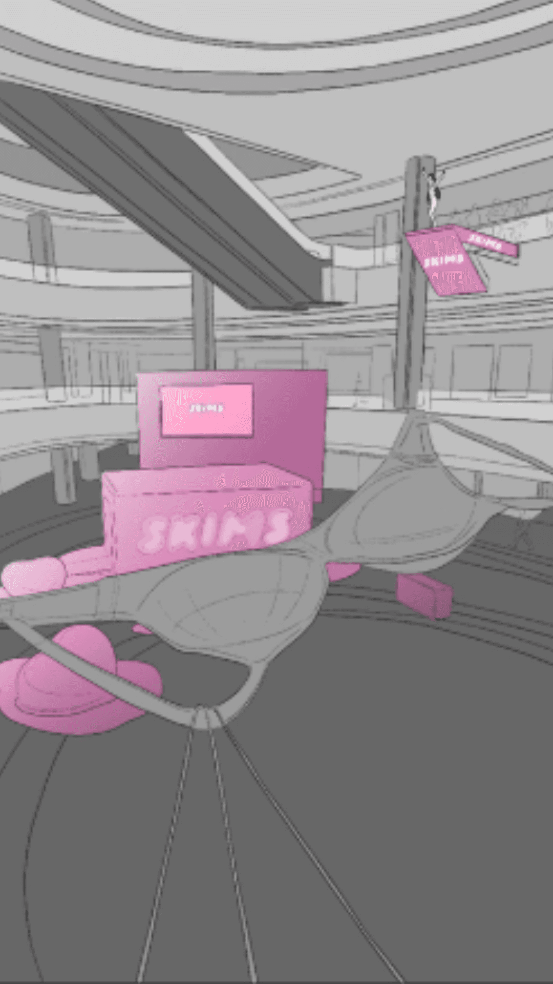 A conceptual sketch of a multi-level mall atrium featuring a large, pink inflatable branded "SKIMS
