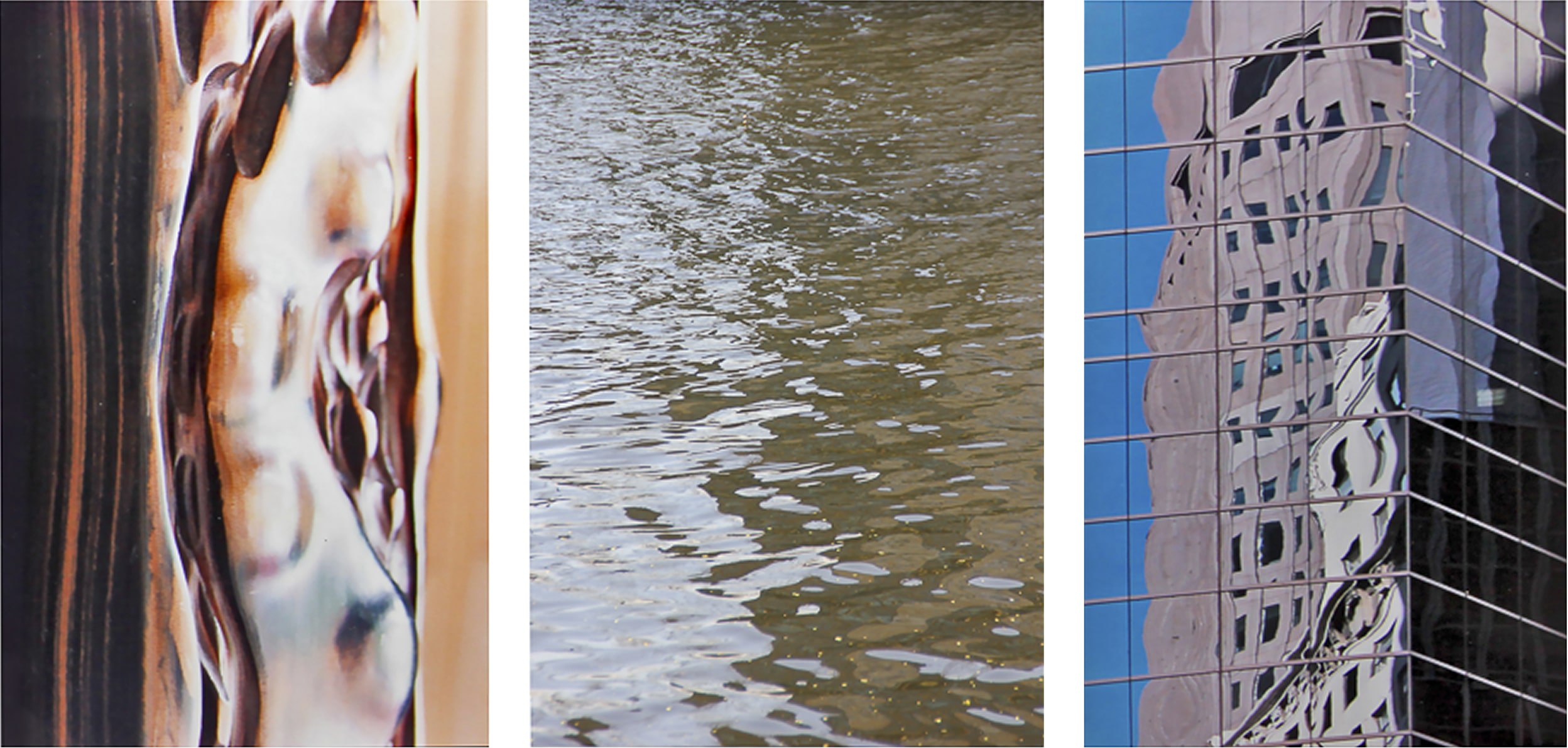 Triptych of photographs exploring reflection and distortion: the left shows a rippled metallic surface, the center captures gentle waves on water, and the right depicts a glass skyscraper reflecting a warped city facade. Together, they examine perception through texture and light.
