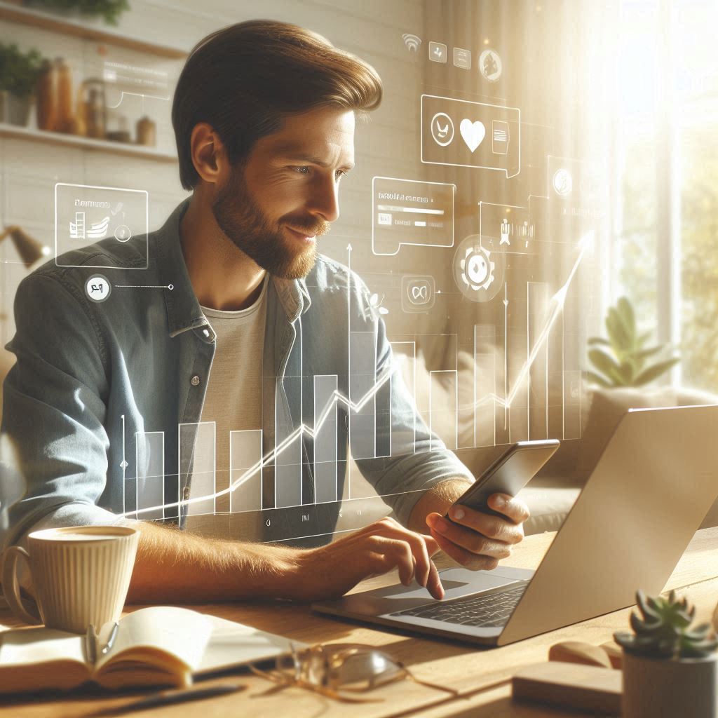 A bearded man smiling while checking analytics on his laptop and smartphone, surrounded by digital charts and social media icons, symbolizing high engagement and good click-through rate on Meta Ads.
