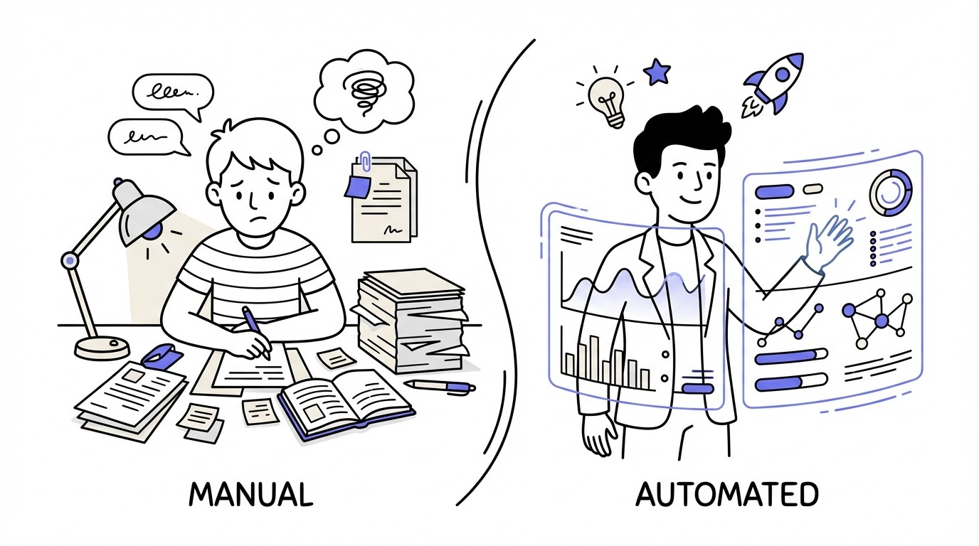 An illustration comparing manual competitor analysis (a person sifting through physical documents on a cluttered desk) with automated analysis (a person interacting with a futuristic, holographic data dashboard).
