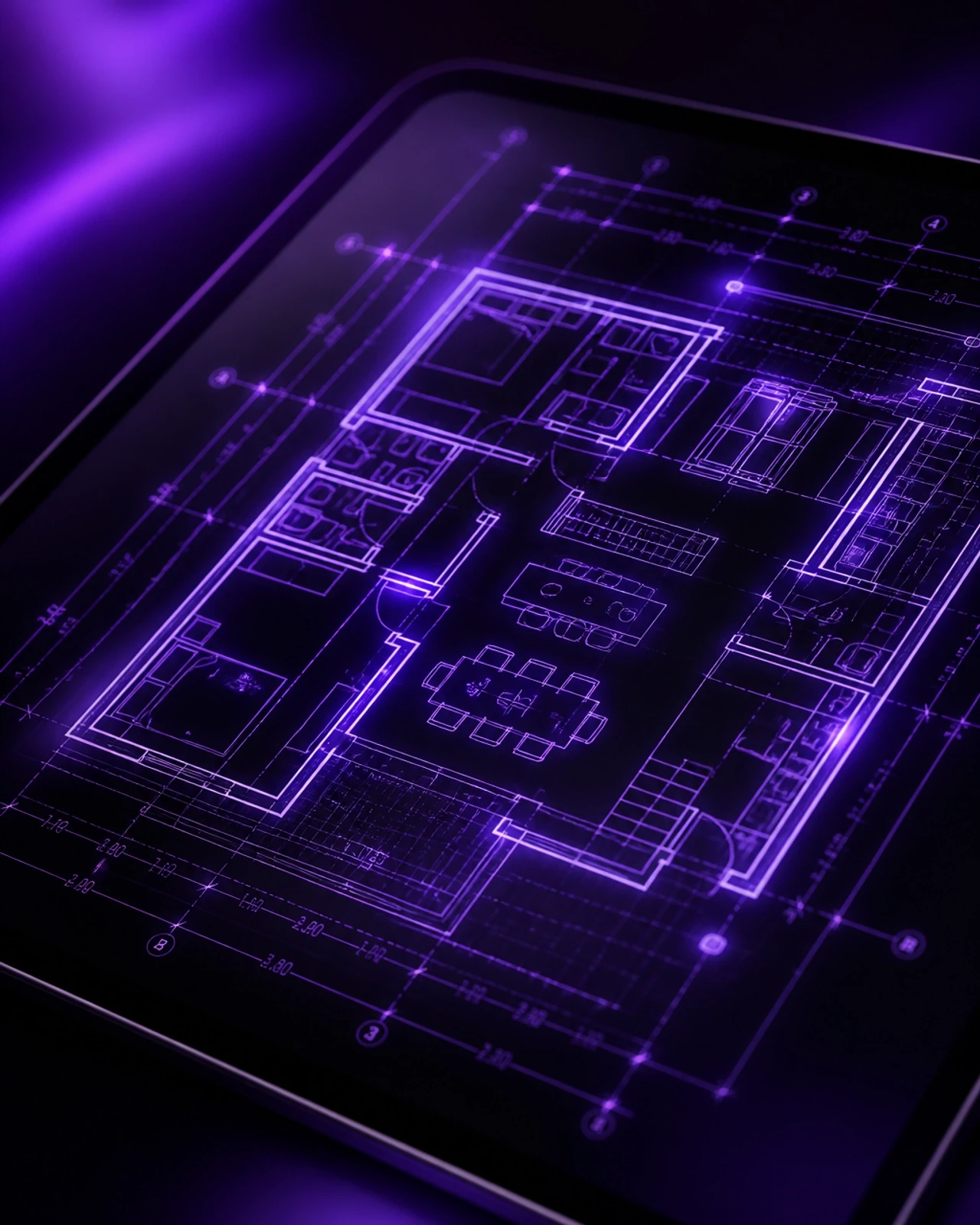 A close-up of a high-end architectural blueprint on a sleek tablet screen, glowing with luminous violet light against a deep black background, representing strategic digital design.