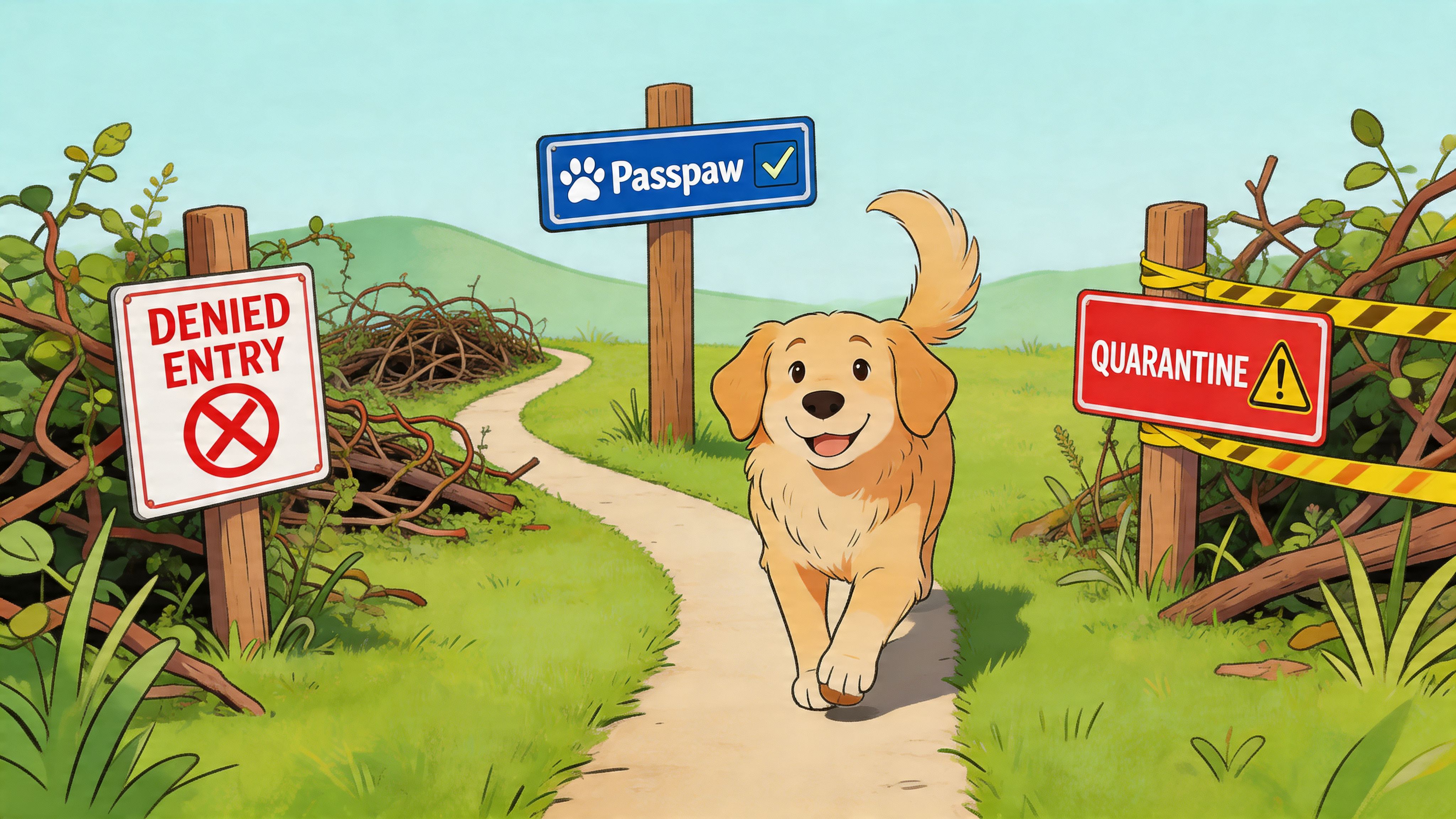 A happy golden retriever walking along a path between signs labeled Denied Entry, Passpaw, and Quarantine.
