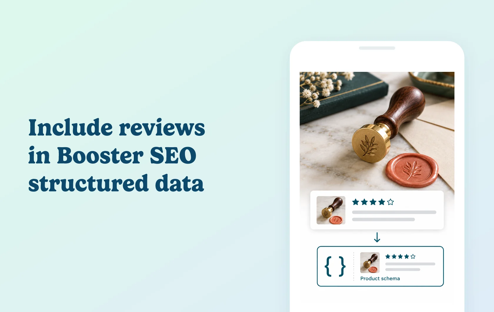 Judge.me and Booster SEO integration: illustration of a wax-seal stamp review connected to a structured-data document.