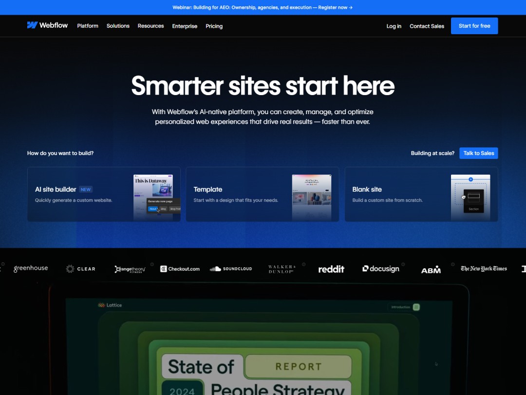 Webflow website hero section with a begiheadline, three categories, social proof logos, and a part of the webflow editor