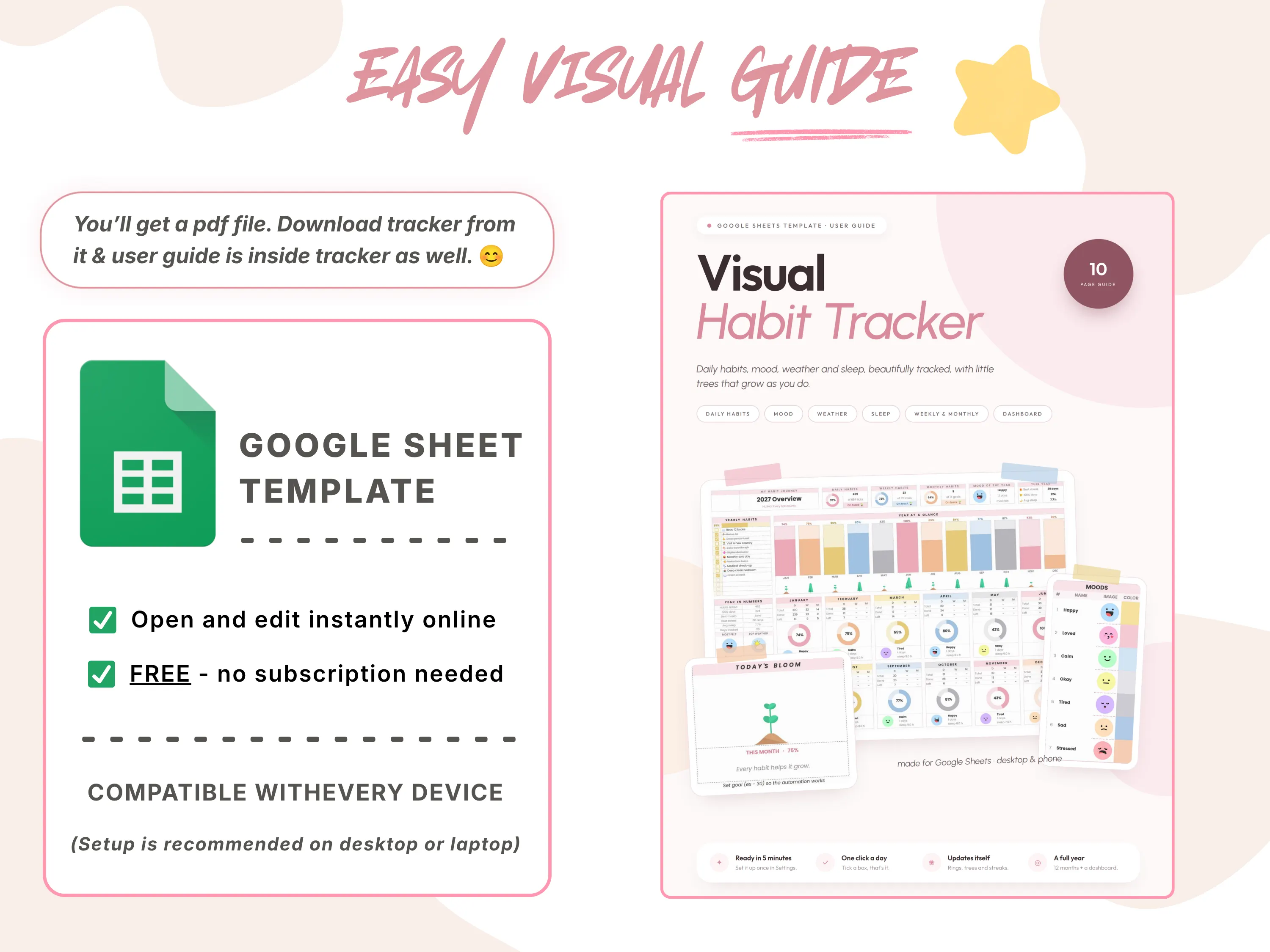 Visual user guide PDF for the Habit Tracker Pro Google Sheets habit tracker template