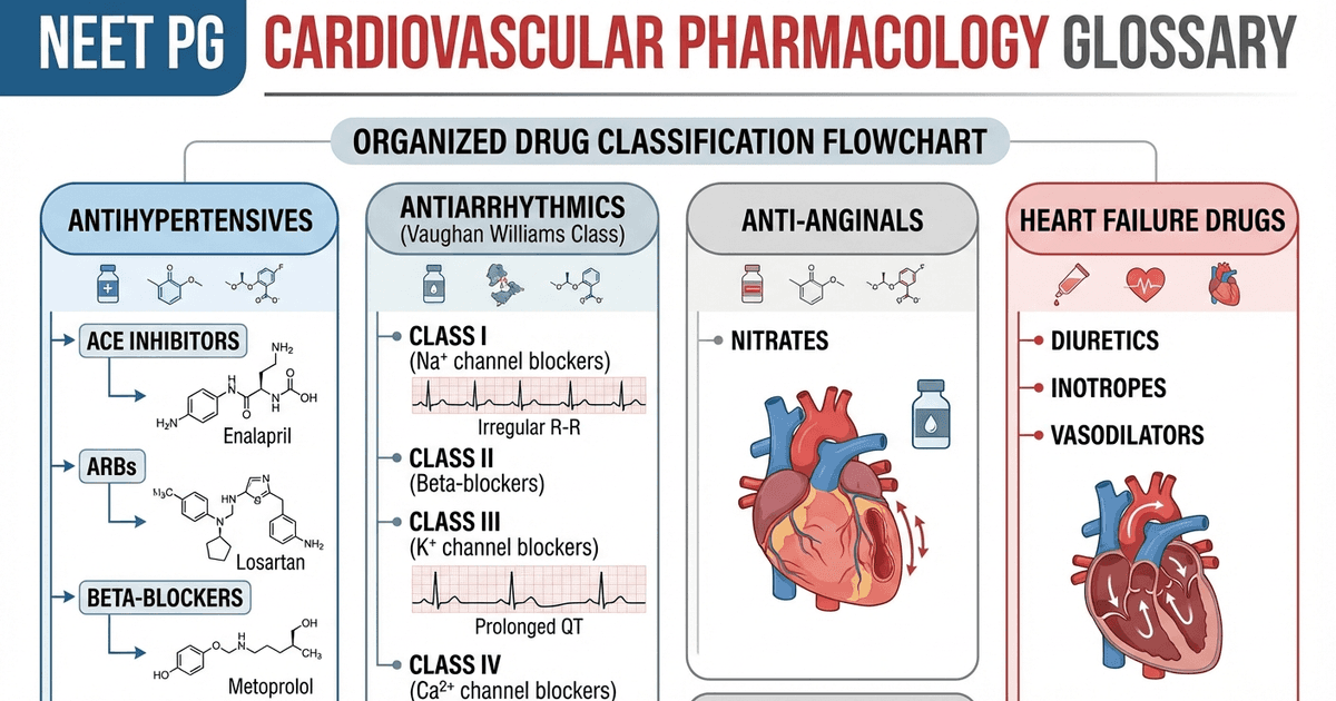 Cover: NEET PG Cardiovascular Pharmacology Glossary 2026: Antihypertensives, Antiarrhythmics, Anti-Anginals and Heart Failure Drugs