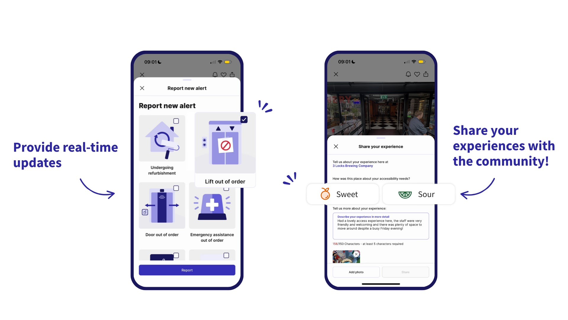 Screenshots of the Sociability app to show real-time updates and sharing experiences