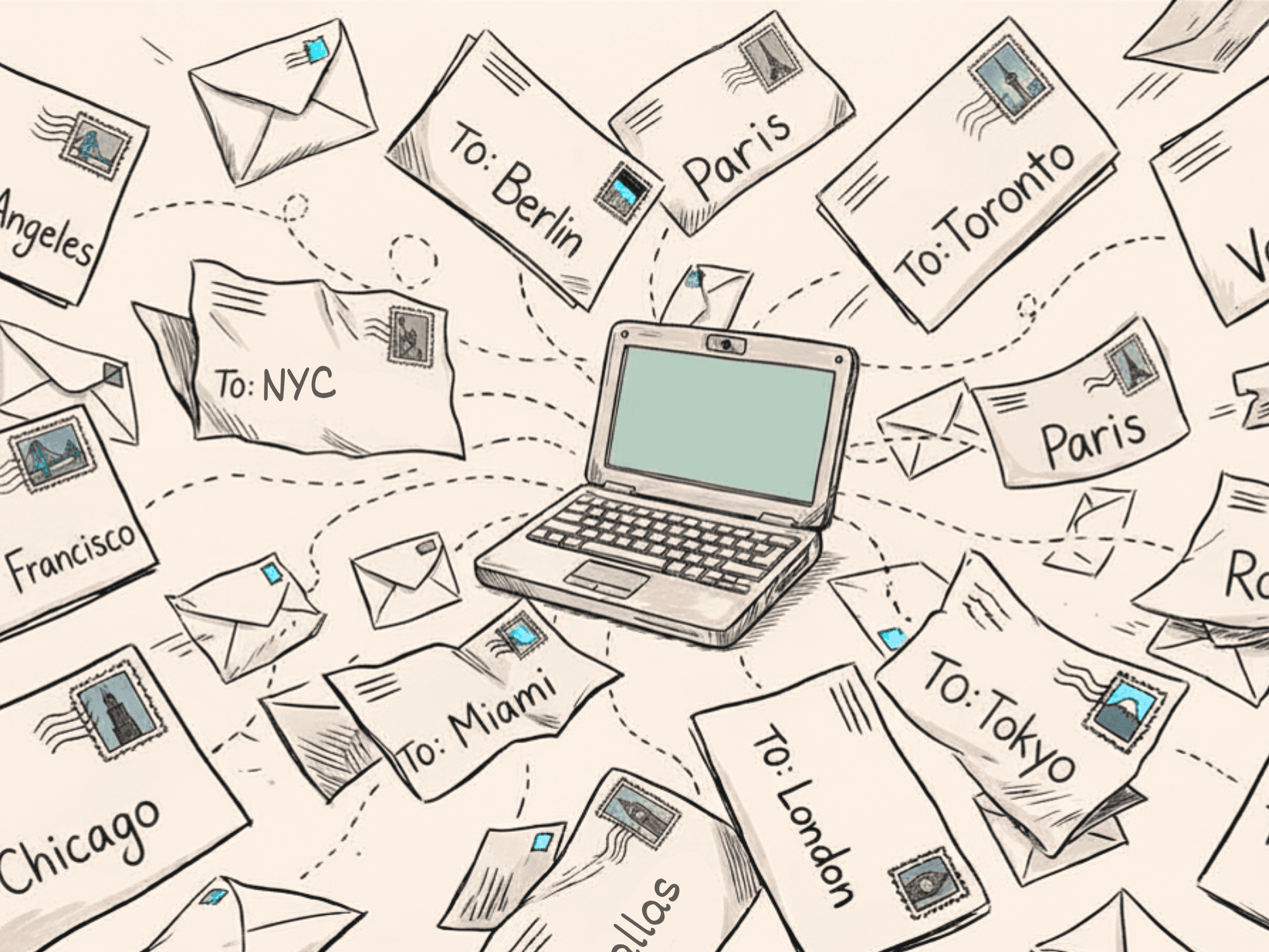 An ink-illustrated header image showing a laptop at the center surrounded by dozens of flying envelopes addressed to cities around the world, including Paris, Berlin, Tokyo, London, Toronto, Los Angeles, and Chicago, with dotted lines connecting each envelope back to the laptop, representing one-size-fits-all email campaigns being sent indiscriminately to global markets.