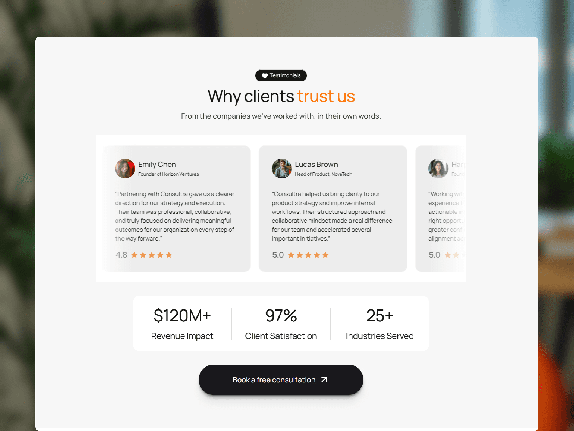 Client testimonials and business consulting success stories.