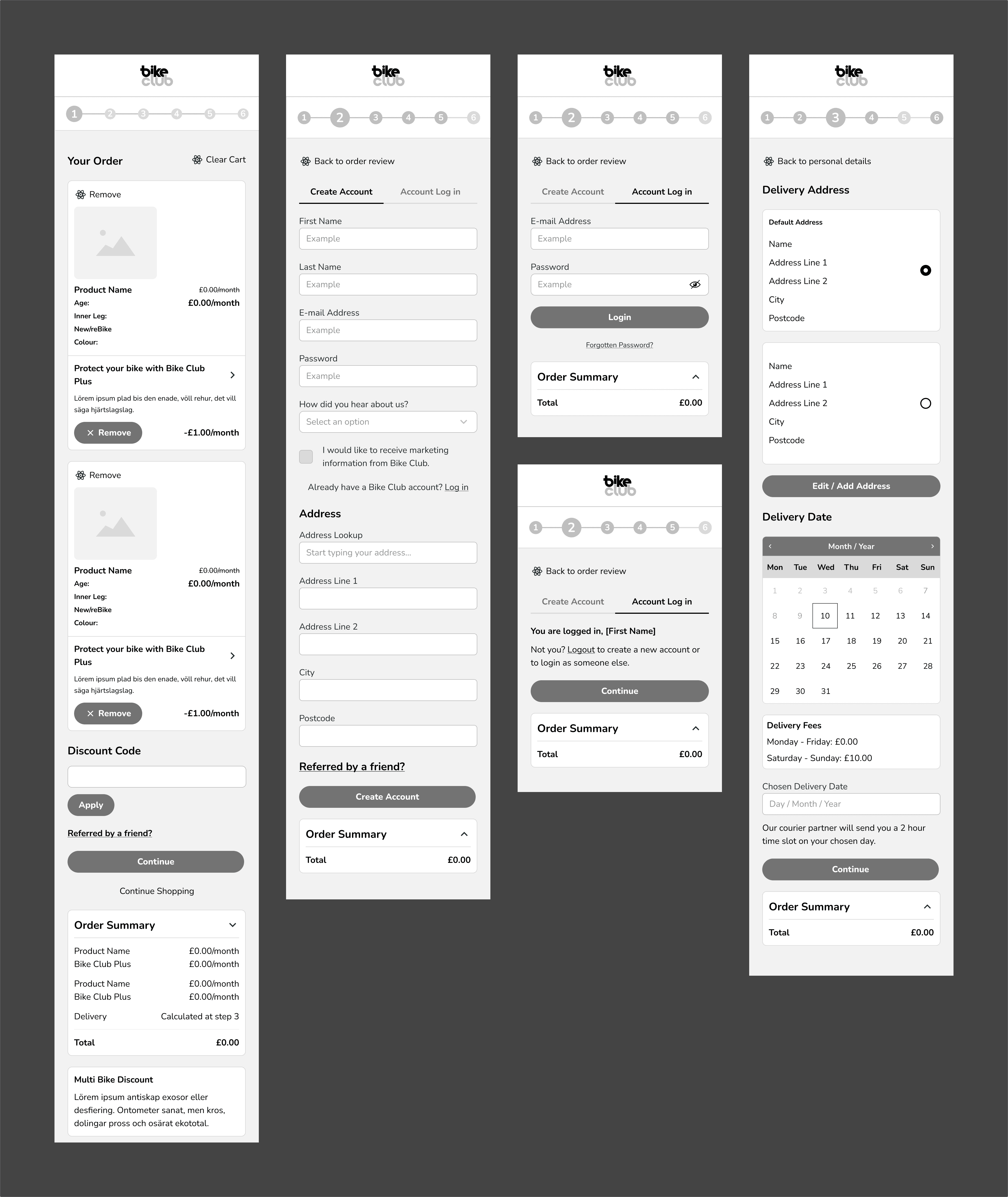 Five wireframes in grayscale showing stages of the checkout process.