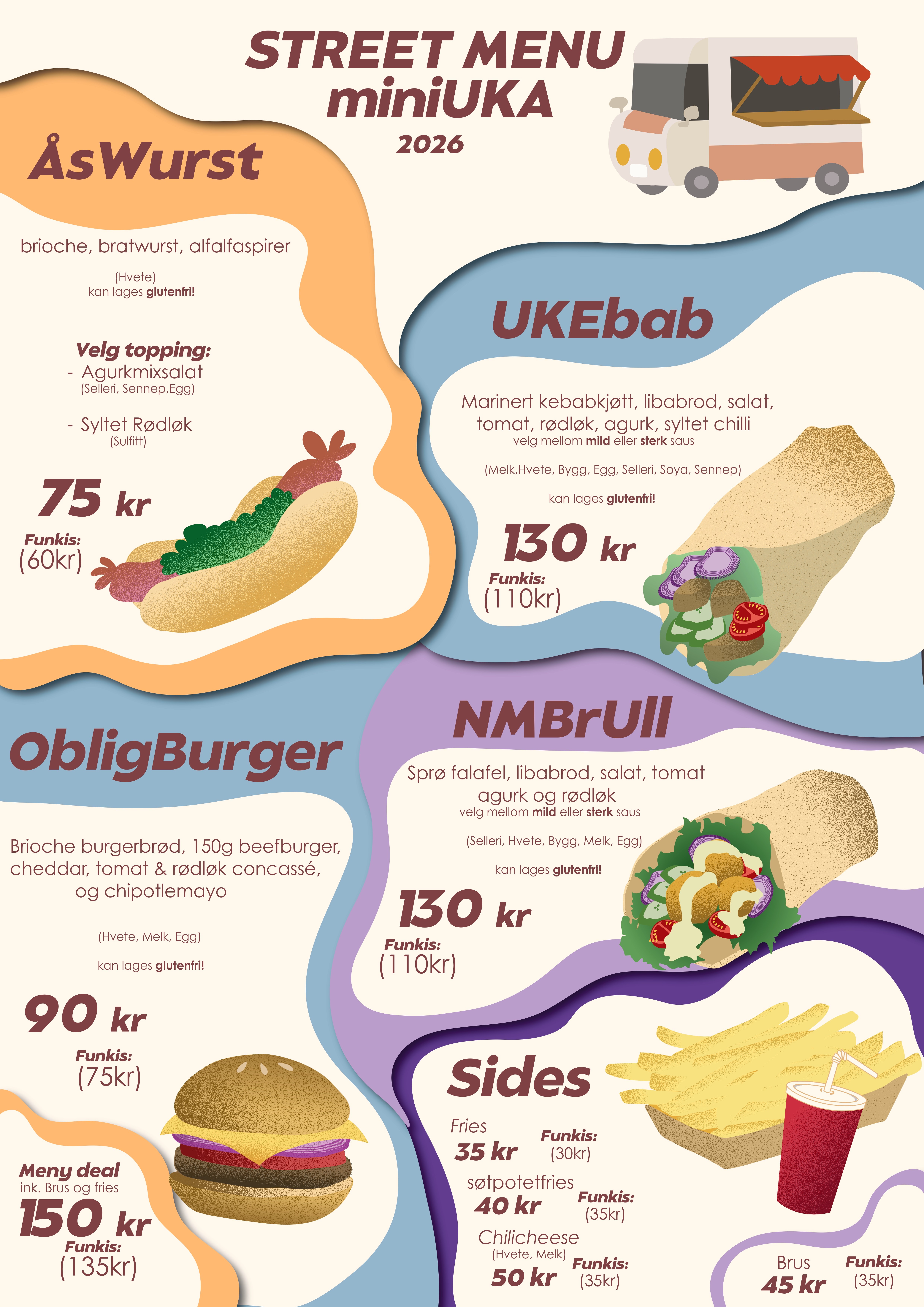 bilde: menyen for miniukegrillen, med diverse street food inspirerte retter