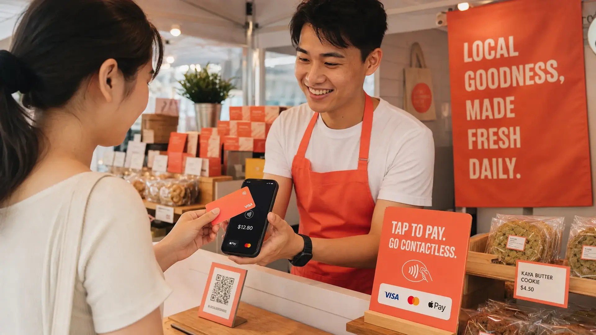 A small Singapore pop-up stall accepting a contactless card payment on a smartphone, with a customer tapping a card on the merchant phone and product displays in the background.