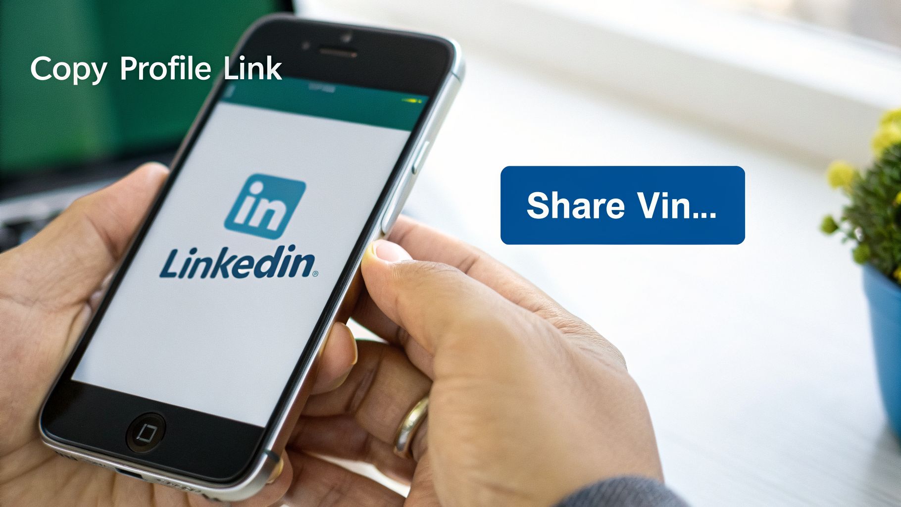 Hands holding a smartphone displaying the LinkedIn app, with text overlays 'Copy Profile Link'.