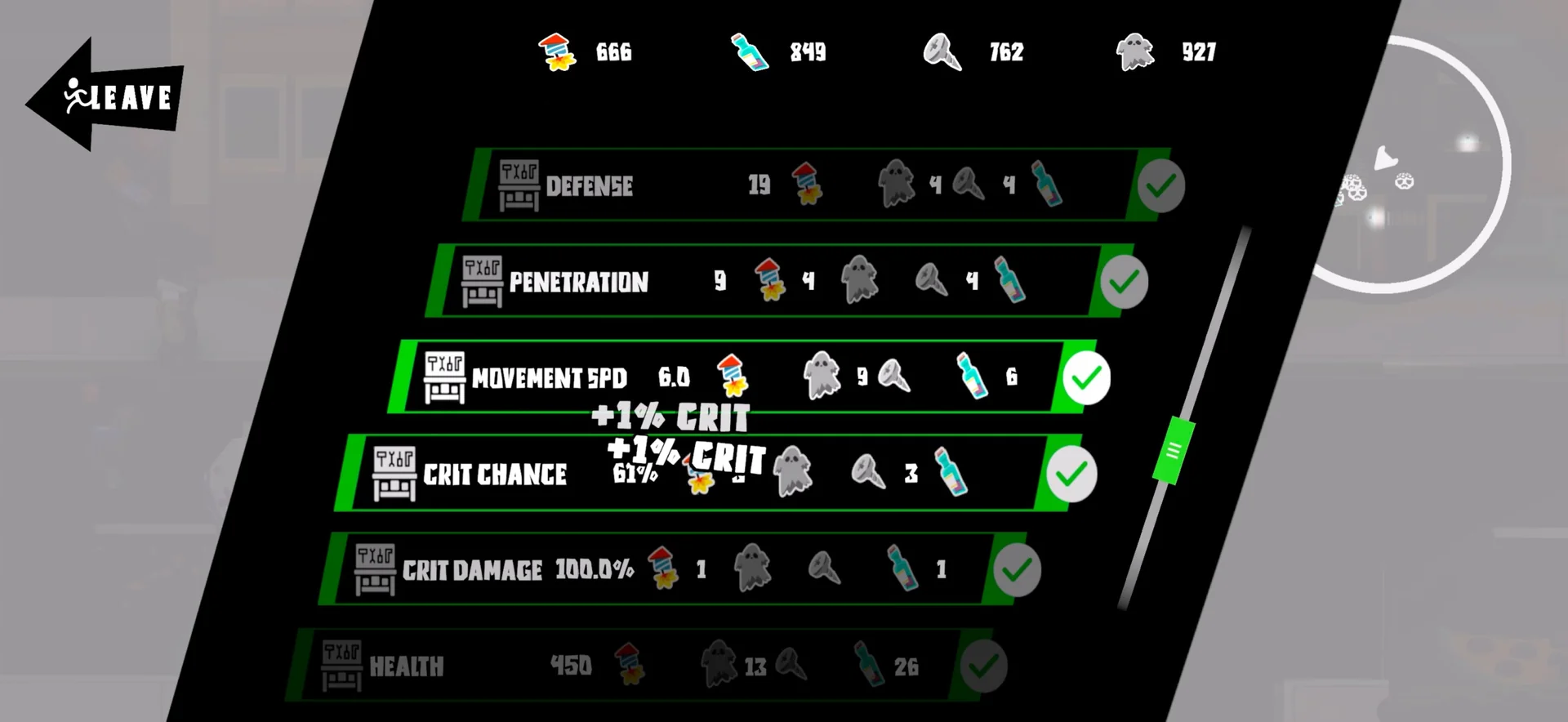 Zombie Citizen upgrade menu for defense, penetration, movement speed, and critical hits
