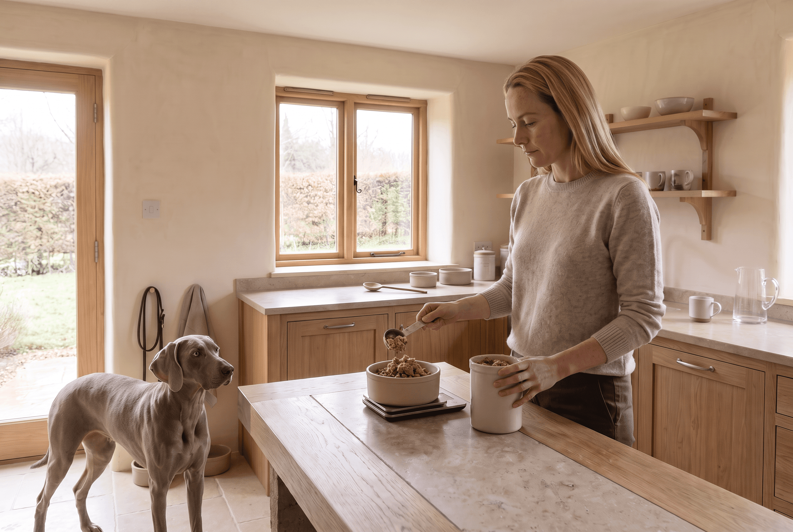 Woman preparing a mixed meal for her dog