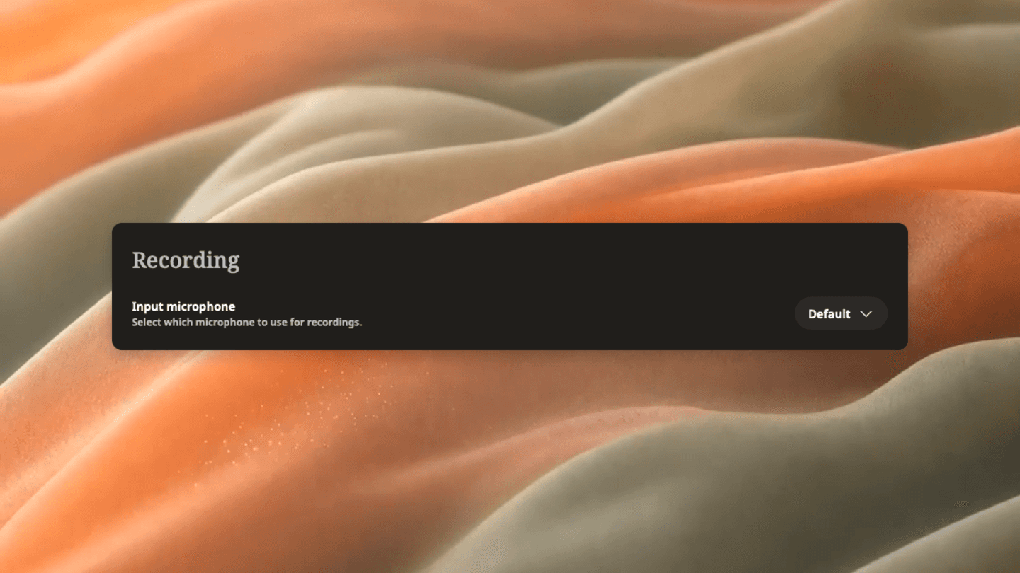 Weeve’s Recording settings show the Input microphone selector set to Default.