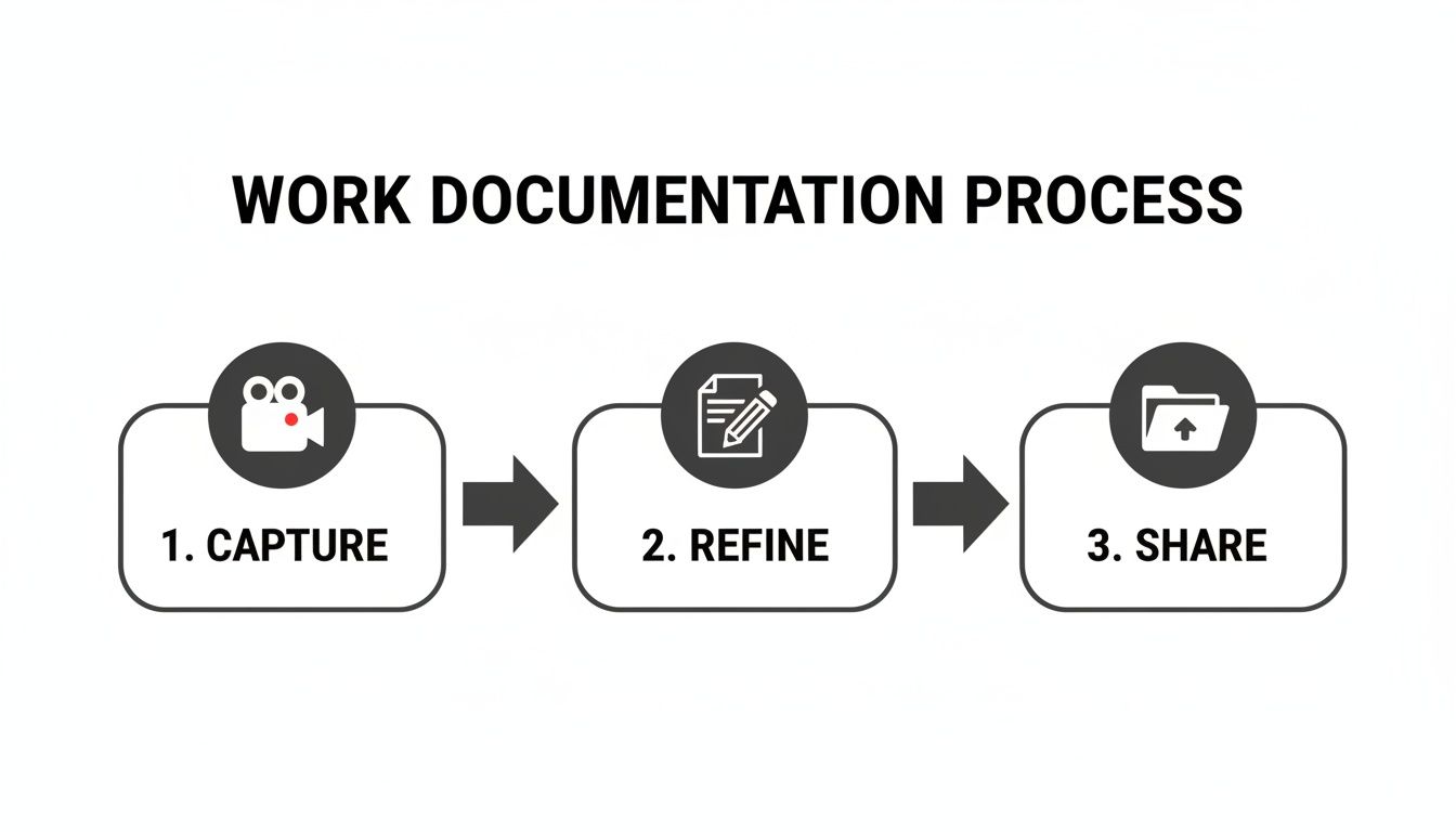 Flowchart illustrating the work documentation process with three steps: 1. Capture, 2. Refine, 3. Share.