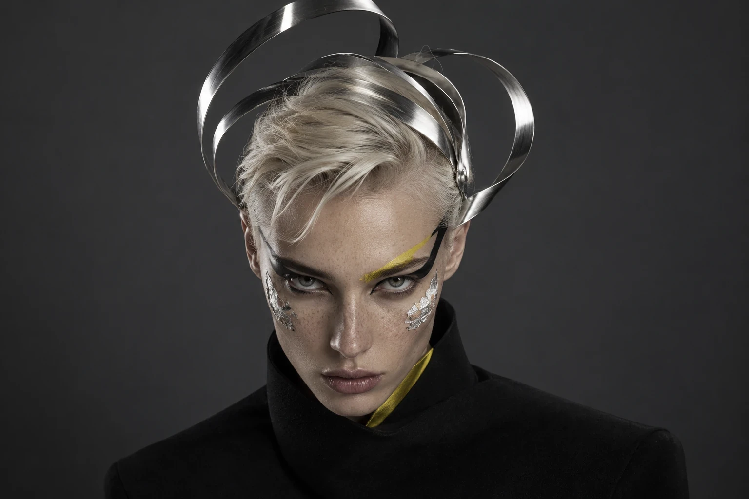 Portrait with short silver hair, graphic lime eye makeup and curved metallic headwear