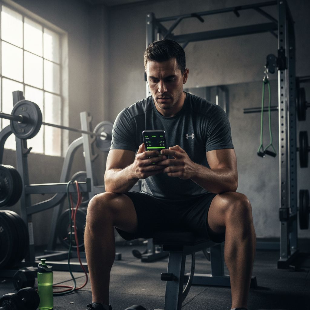 Athlete using iPhone to track workout sets at gym