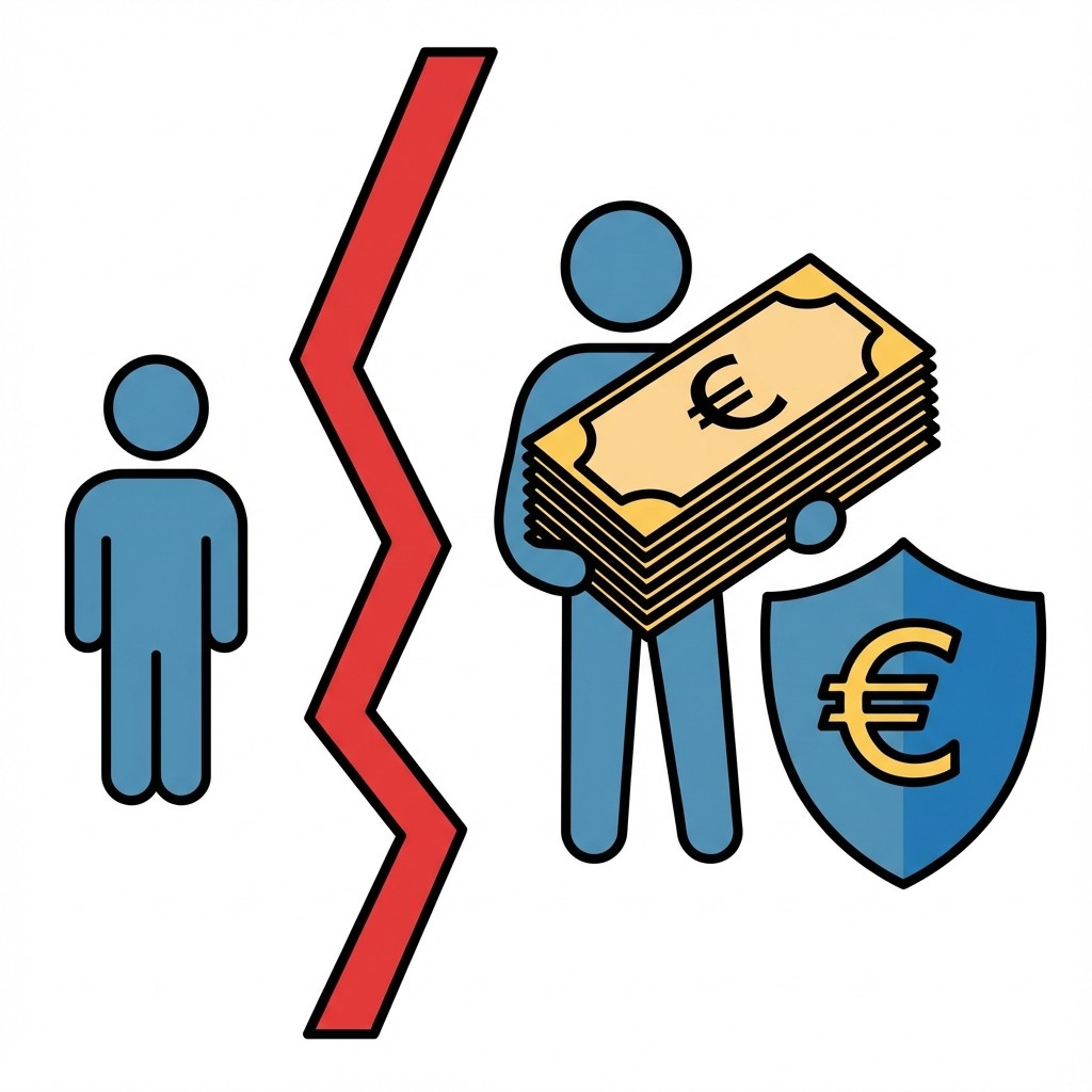 Zwei stilisierte Personen, getrennt durch eine rote Zickzacklinie; eine Person hält Geldscheine, daneben ein Schild mit Eurozeichen.