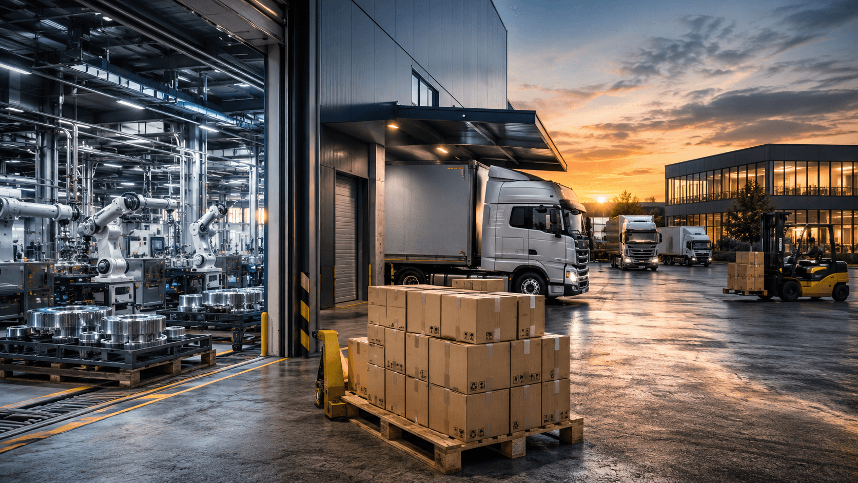 Imagem em estilo realista 3D mostrando uma operação industrial moderna integrada ao canal digital B2B. A cena apresenta uma grande fábrica automatizada com braços robóticos, pallets, caminhões de carga, empilhadeiras e centro logístico conectado a um ambiente corporativo moderno. O ambiente transmite organização e escalabilidade, representando vendas para distribuidores, representantes e varejistas com estrutura profissional e catálogo técnico. Iluminação cinematográfica ao pôr do sol, composição ampla em formato 16:9, sem pessoas e sem textos.