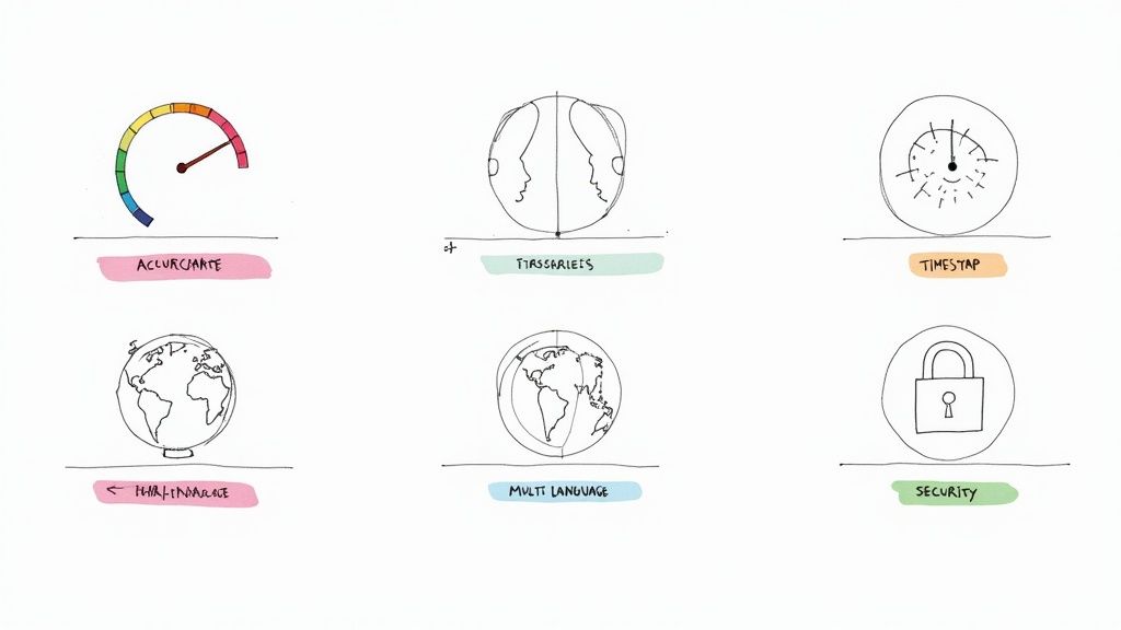 Hand-drawn icons illustrating features like accuracy, accessibility, timestamp, global reach, multi-language support, and security.