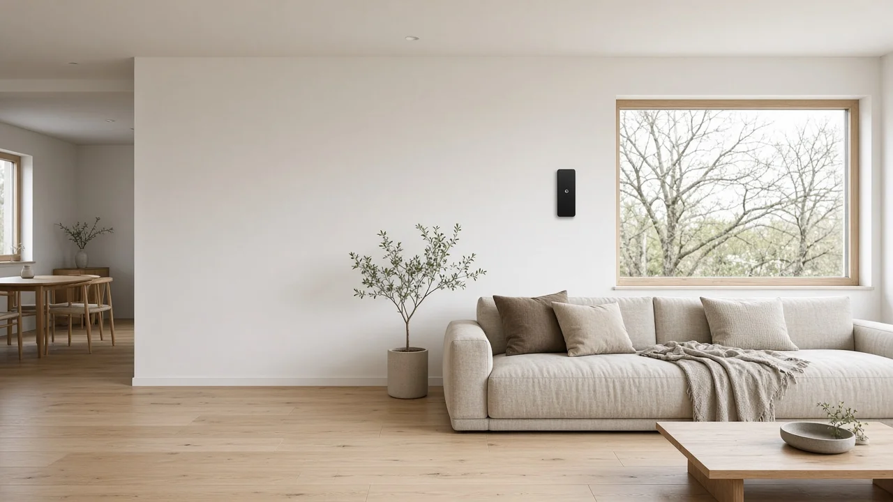Calm Nordic living room with an oak floor, a linen sofa and a slim climate panel on the wall.