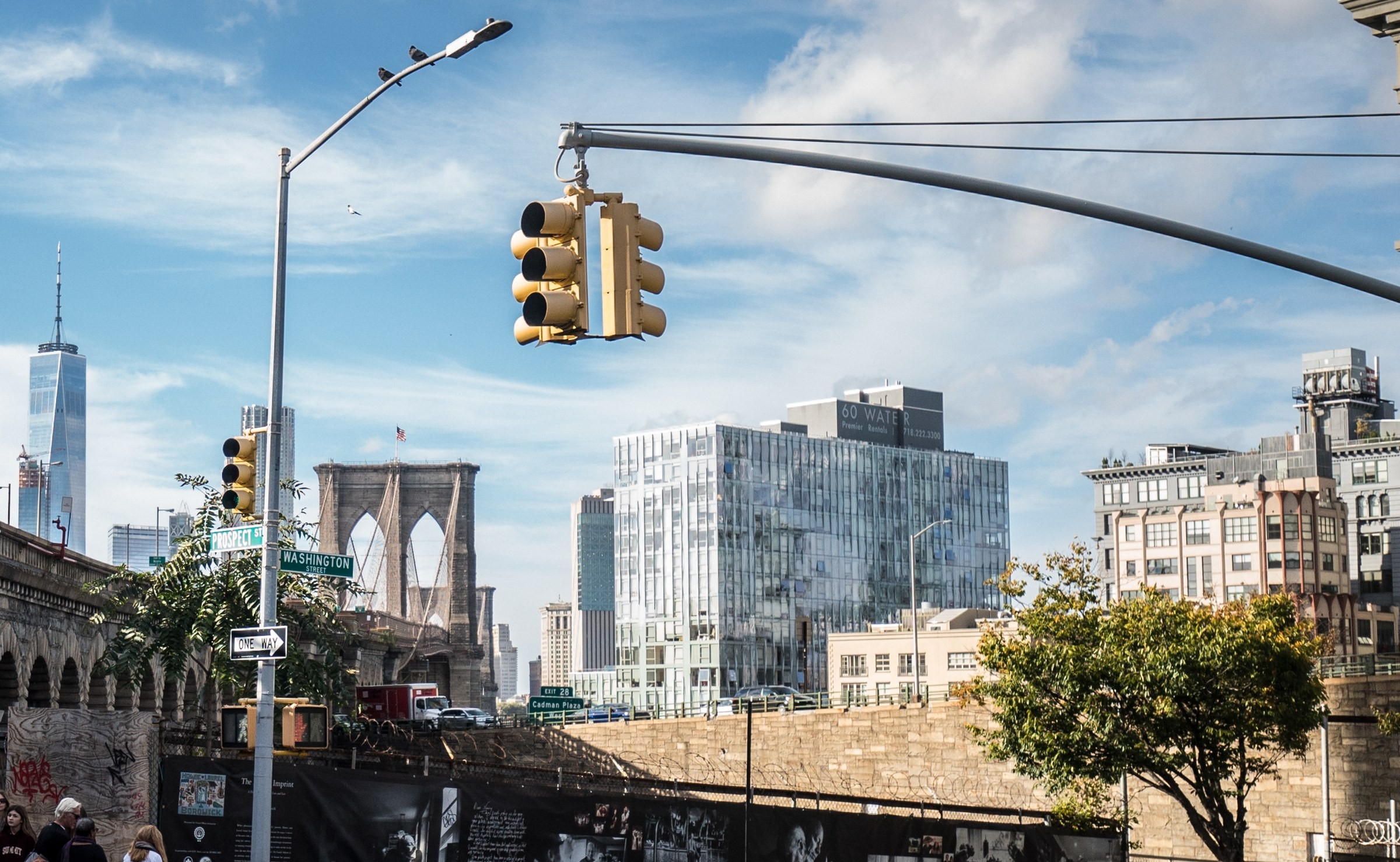 TRAVEL · A street scene beside the Brooklyn Bridge, New York.