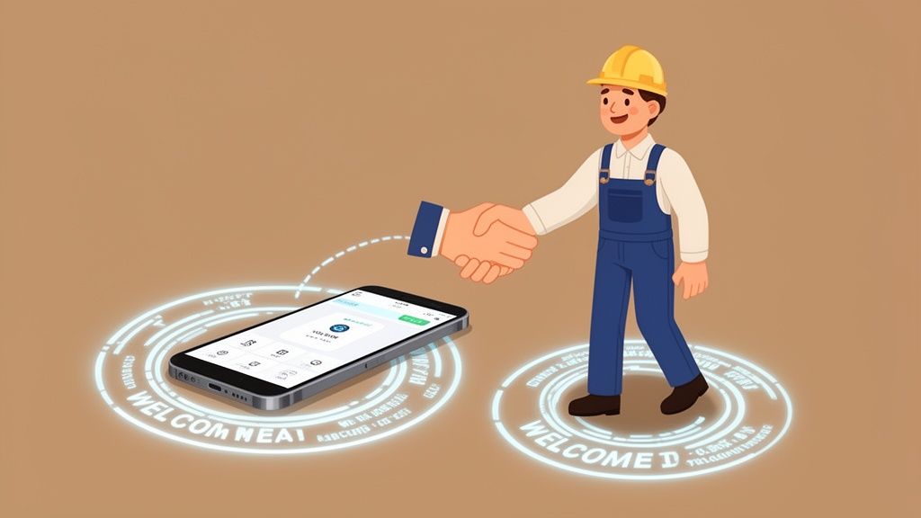 Cartoon construction worker in a hard hat shaking hands with a hand emerging from a smartphone app.