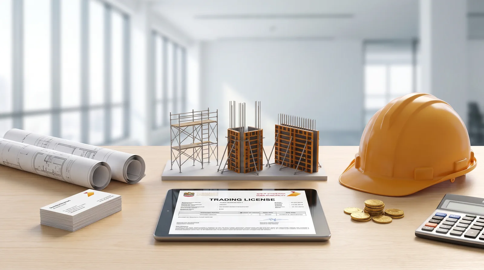 Scaffolding and Formwork Trading License in Dubai beside an itemised cost breakdown and a calculator