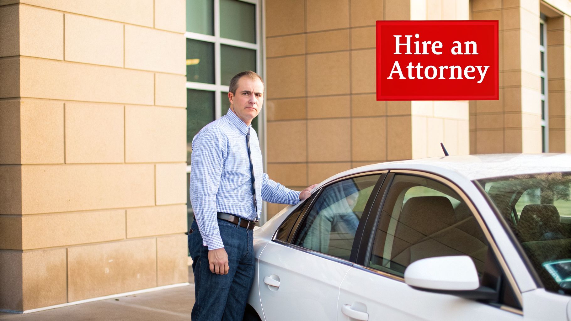 A man in a plaid shirt and jeans stands next to a white car, with a 'Hire an Attorney' sign.