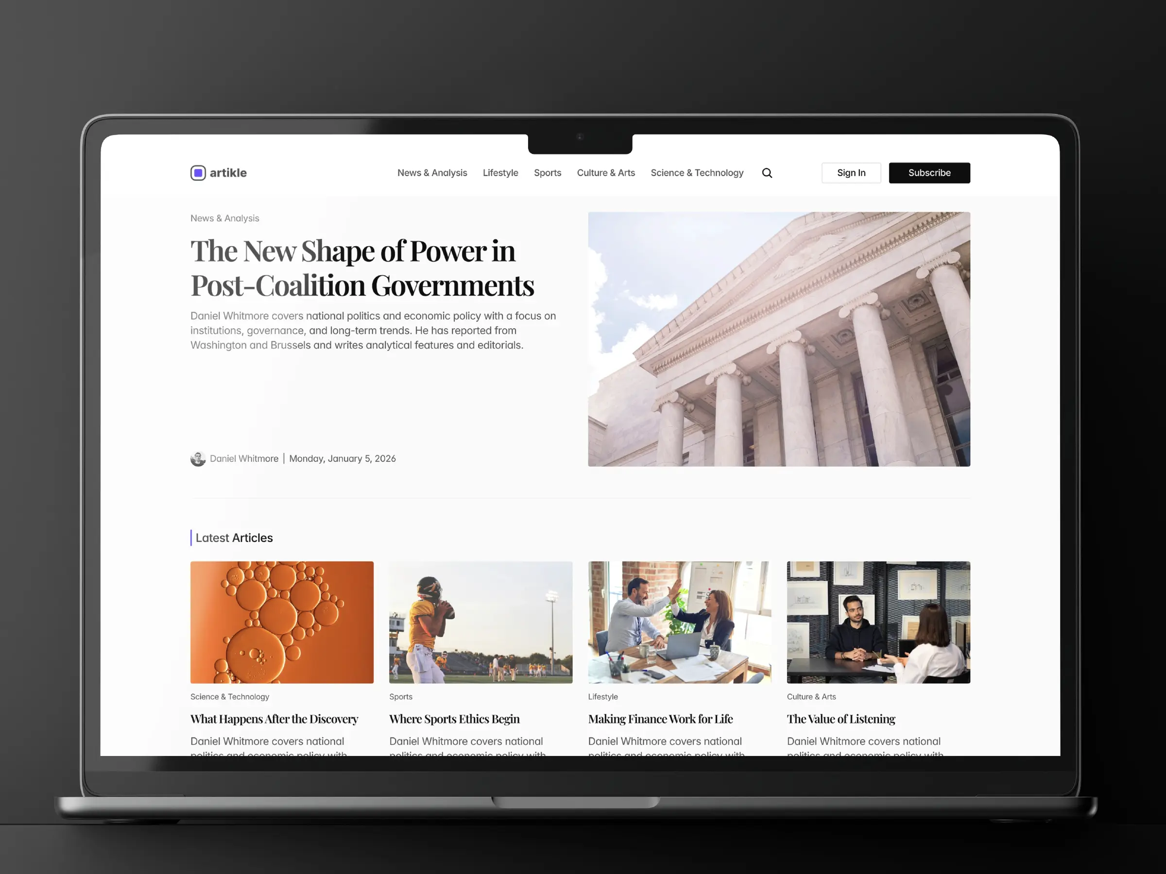 Artikle news and magazine Framer template featuring editorial articles, multiple news categories, featured stories, and a clean publication layout.