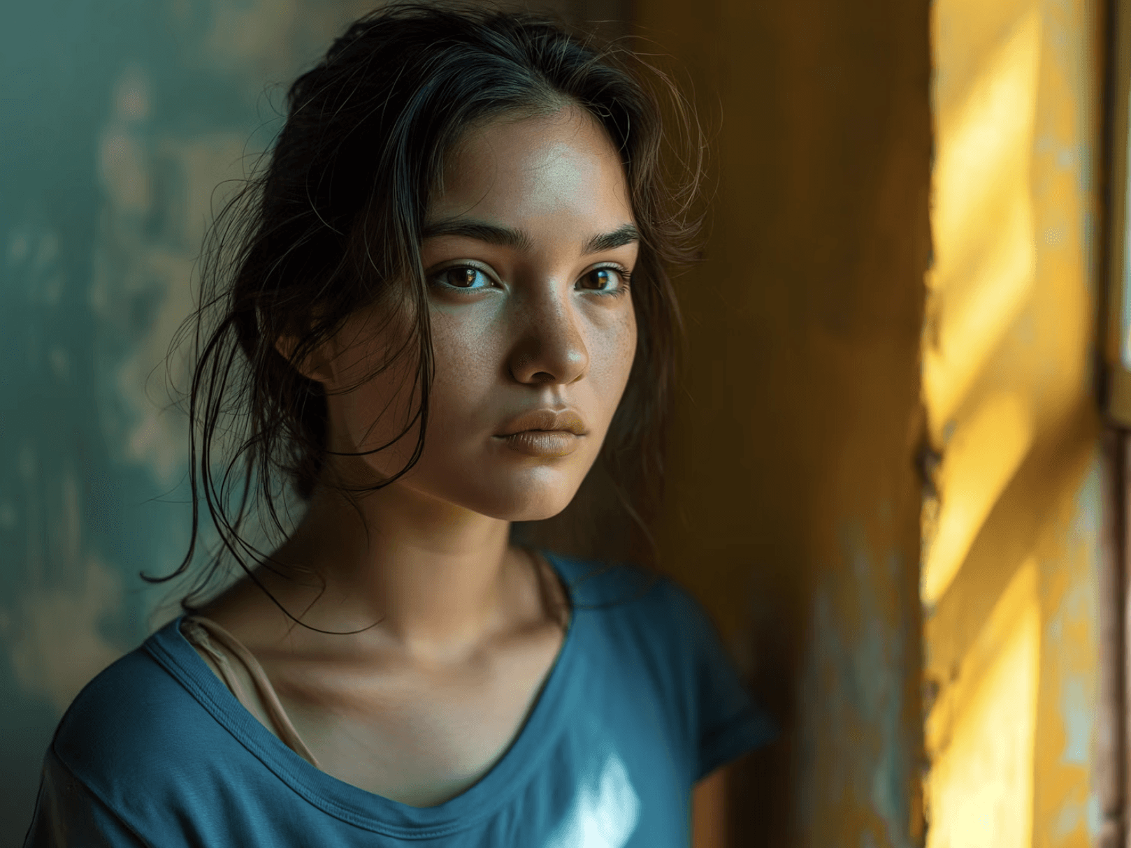 Young woman with dark hair and deep brown eyes in warm sunlight, wearing a blue shirt. Textured teal and yellow background.