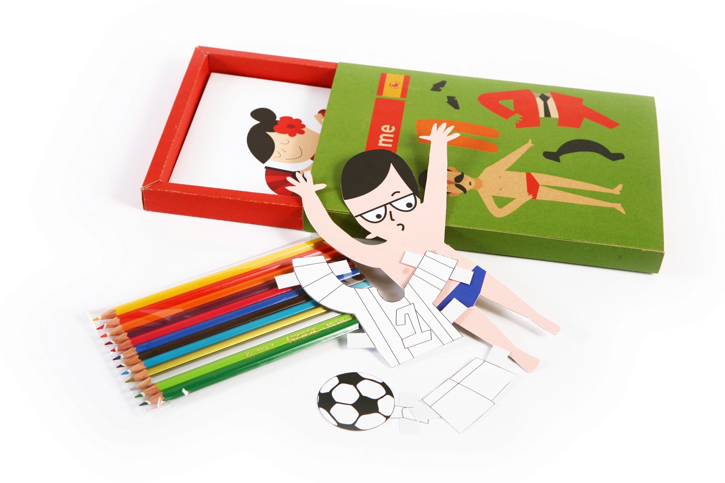 a set of coloring pencils and a paper cutout of a man