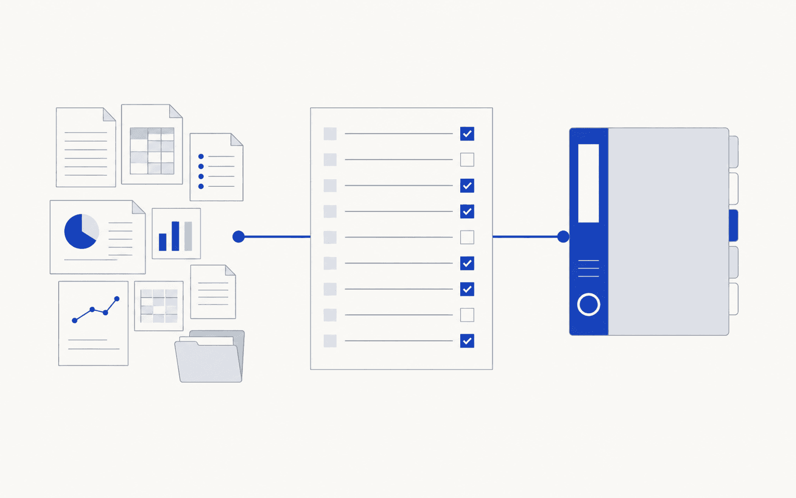 Zweidimensionale Organisationsgrafik mit Ordnern, Diagramm und Unterlagen.