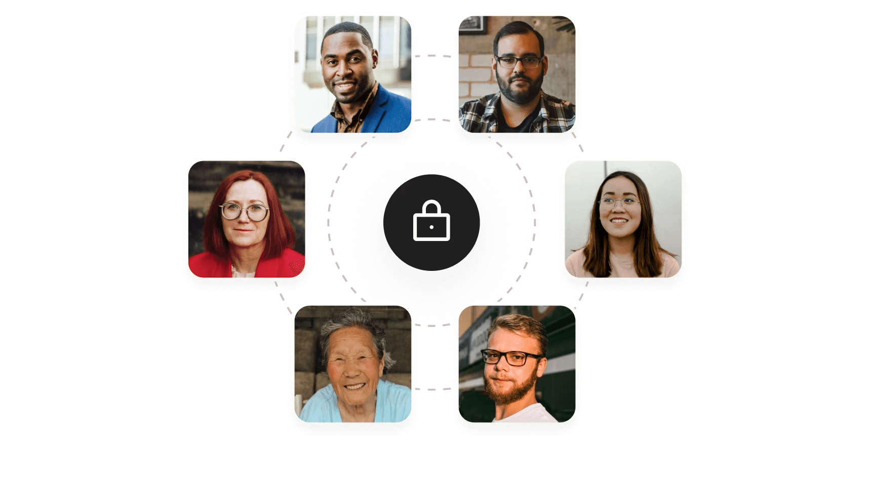 Diverse group of participants connected around a central lock icon representing secure and private data handling