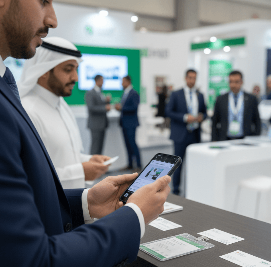 Trade show attendee scanning business cards and trade show badges at IFAT Saudi Arabia 2026 using Habsy business card scanner to capture environmental technology leads and enable Day-1 follow-ups.
