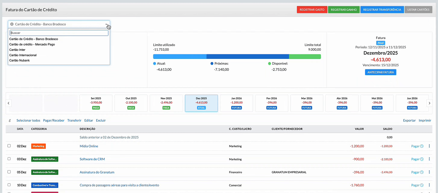Controle de Cartão de Crédito do Granatum