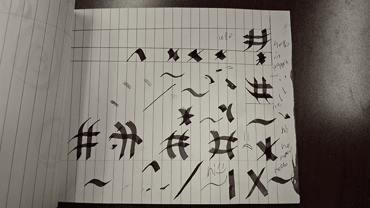 Sketches of the number symbol, sterisk, and slashes.