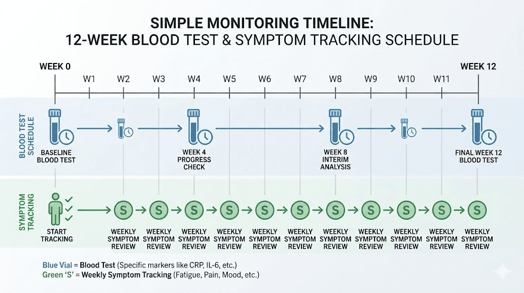 Microdosing tirzepatide inflammation monitoring schedule and biomarker timeline