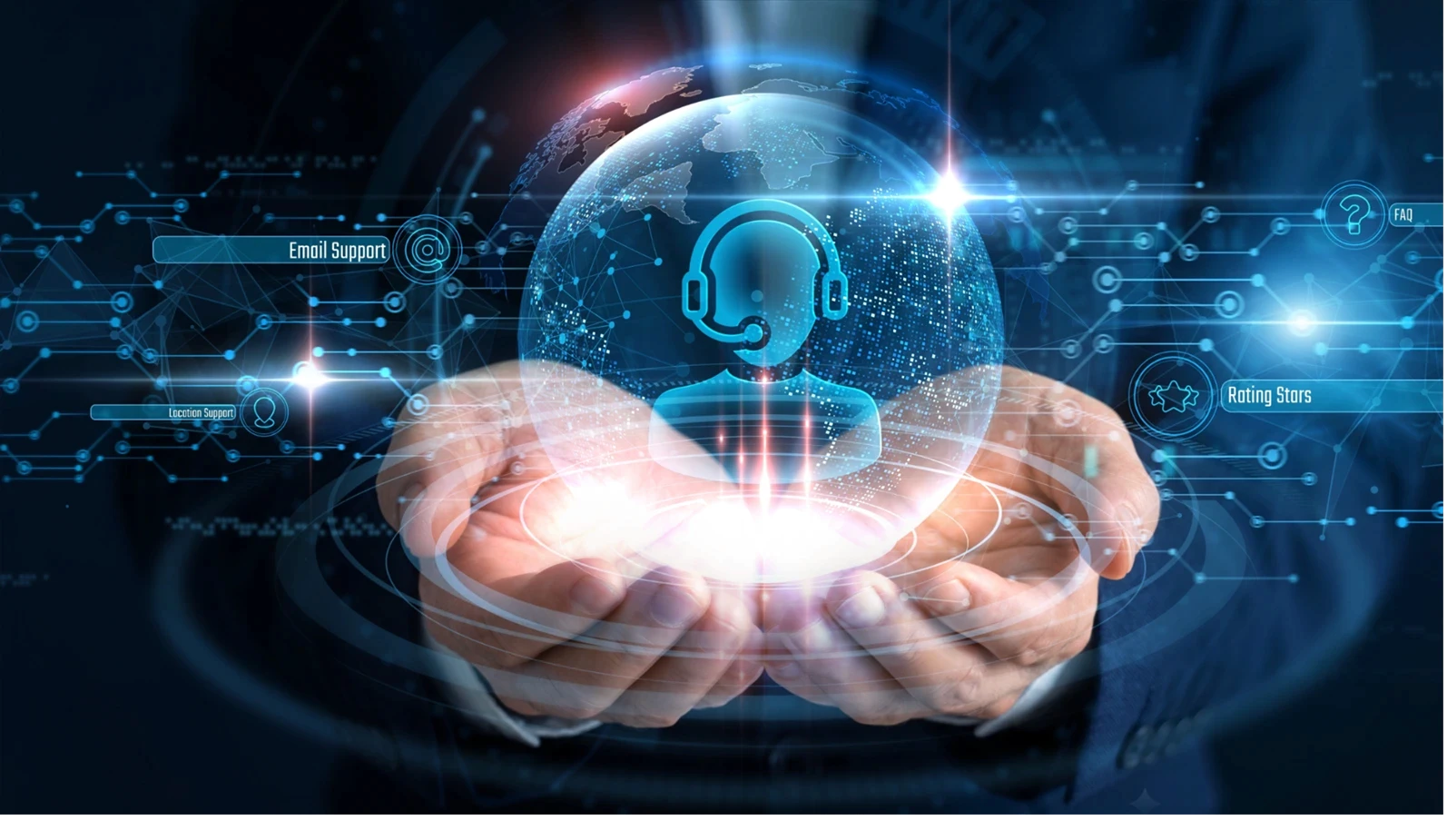 Helpdesk Representative Hand hold Customer Support and global networking, digital service assistance hotline, client troubleshooting communication, online chat help center workspace