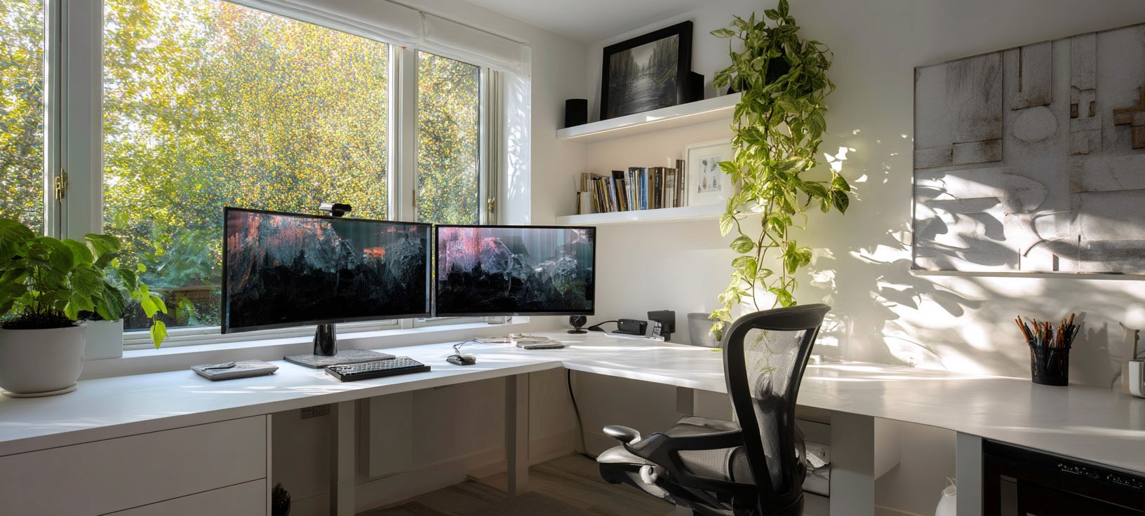 Nowoczesne biuro z dużym białym biurkiem w kształcie litery L, dwoma monitorami i roślinami, oświetlone naturalnym światłem z dużego okna.