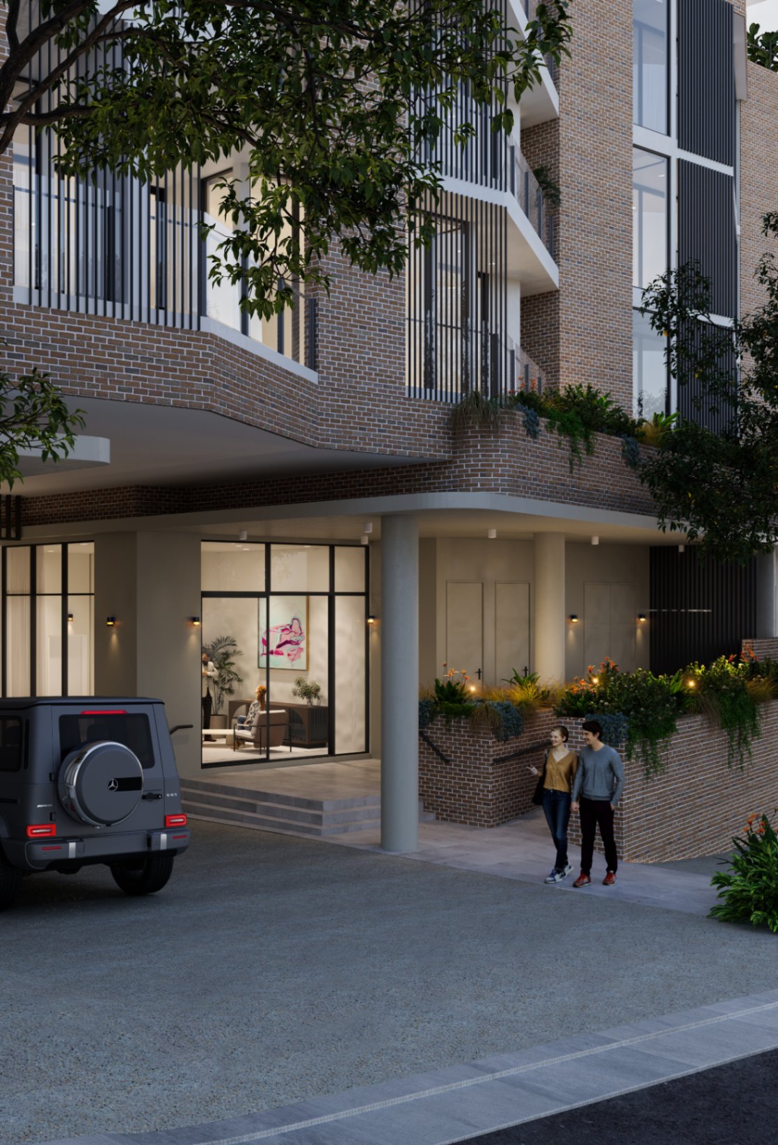 Ground-level entrance and modern architectural design of The Adler Auchenflower, an off-the-plan apartment development available via Coposit with $10k.