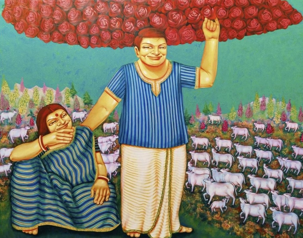 herd of sheep on road painting